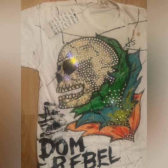 Y2K DOM REBEL SWAROVSKI CRYSTAL SKULL SHIRT HAND-PAINTED AND SIGNED BY DESIGNER - Picture 14 of 14